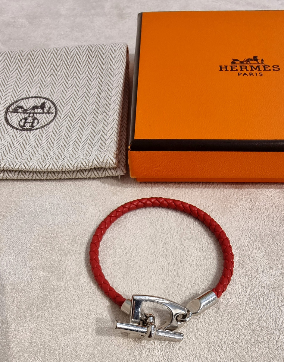 Hermès Bracelet Etrier cuir rouge tressé et métal palladié -photo-2