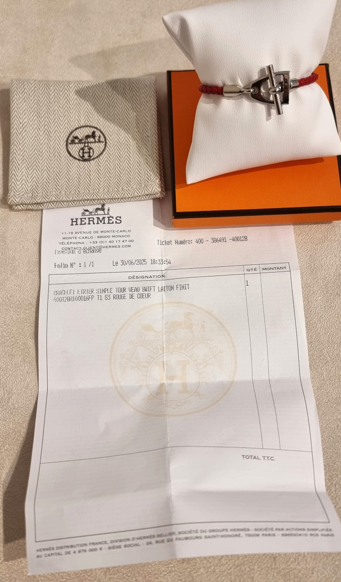 Hermès Bracelet Etrier cuir rouge tressé et métal palladié -photo-3