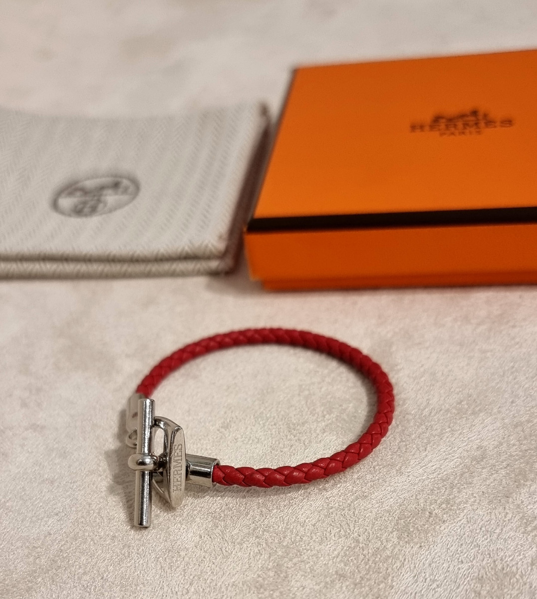 Hermès Bracelet Etrier cuir rouge tressé et métal palladié -photo-4