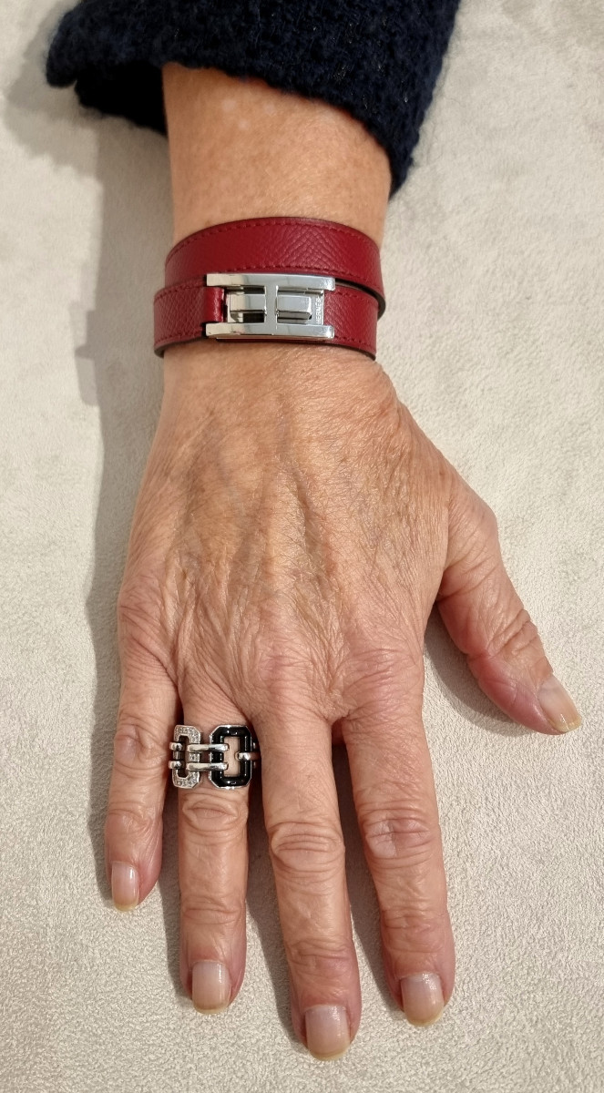 Hermès Drag Bracelet, 2 Rows, Palladium Silver And Red Leather-photo-3