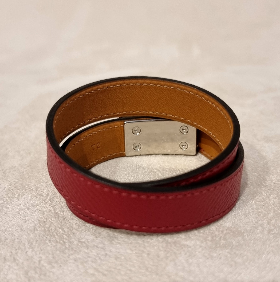 Hermès Drag Bracelet, 2 Rows, Palladium Silver And Red Leather-photo-3