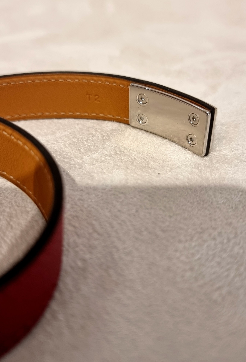 Hermès Drag Bracelet, 2 Rows, Palladium Silver And Red Leather-photo-5
