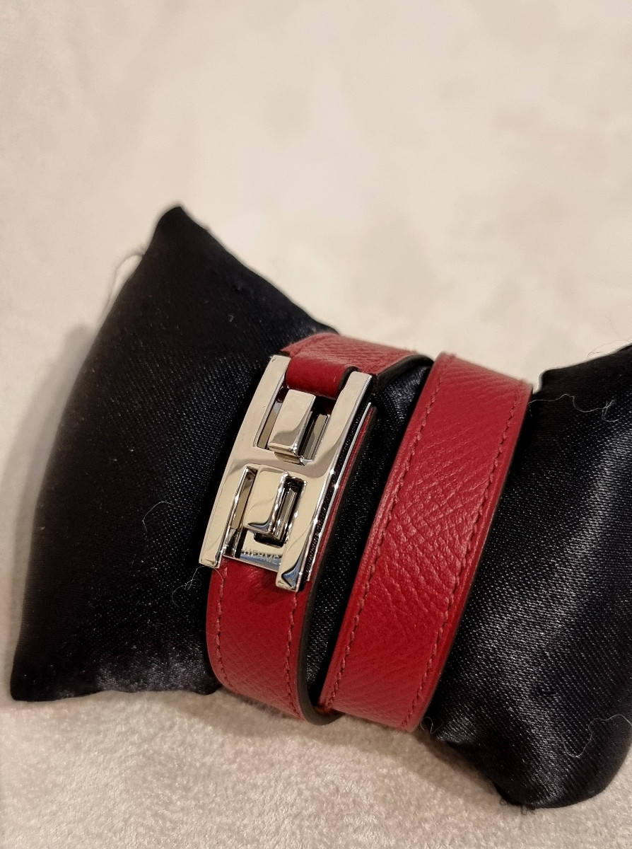 Hermès Drag Bracelet, 2 Rows, Palladium Silver And Red Leather-photo-6