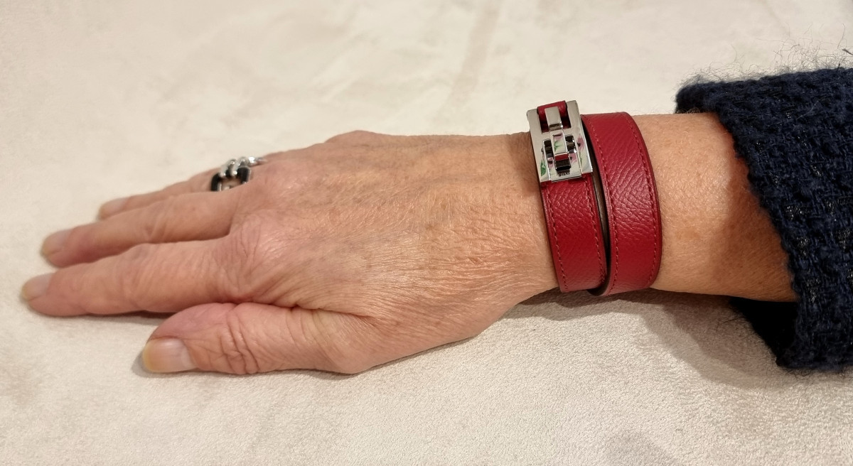 Hermès Drag Bracelet, 2 Rows, Palladium Silver And Red Leather-photo-7