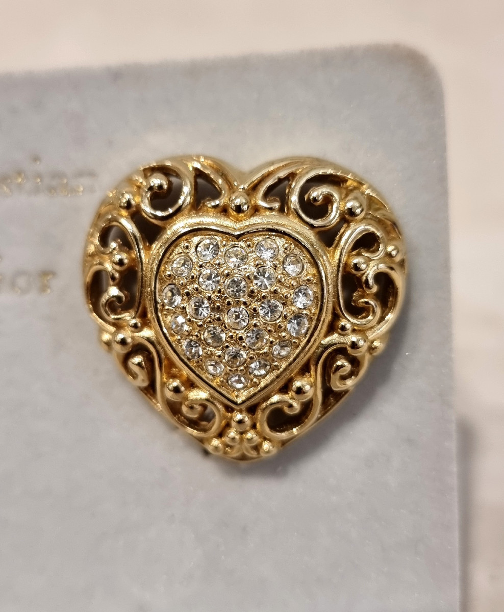 Christian Dior Paire de clips d'oreilles Coeur métal doré et cristal-photo-3