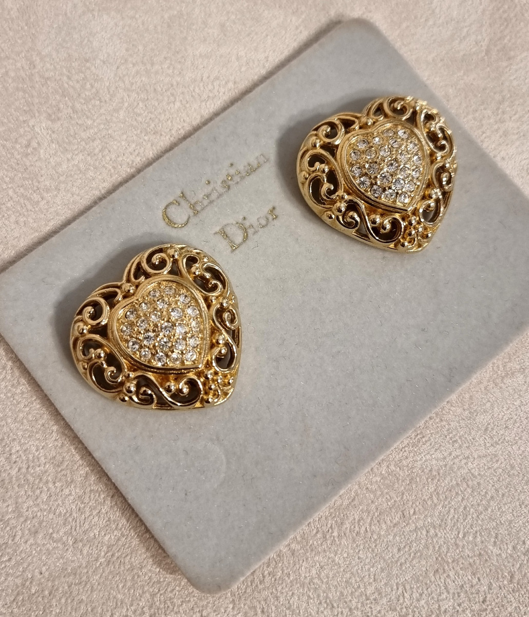 Christian Dior Paire de clips d'oreilles Coeur métal doré et cristal-photo-2