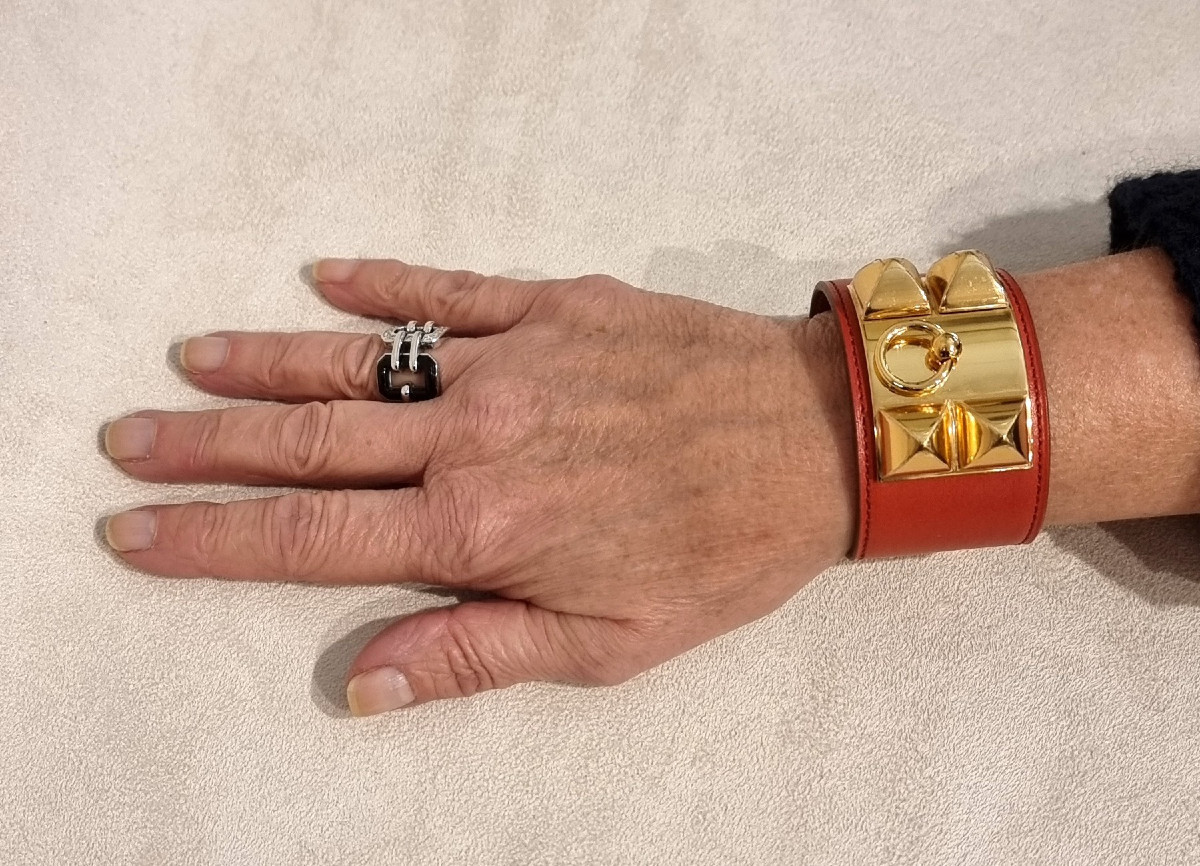 Hermès Bracelet Manchette Collier de Chien plaqué Or et Cuir rouge corail-photo-6