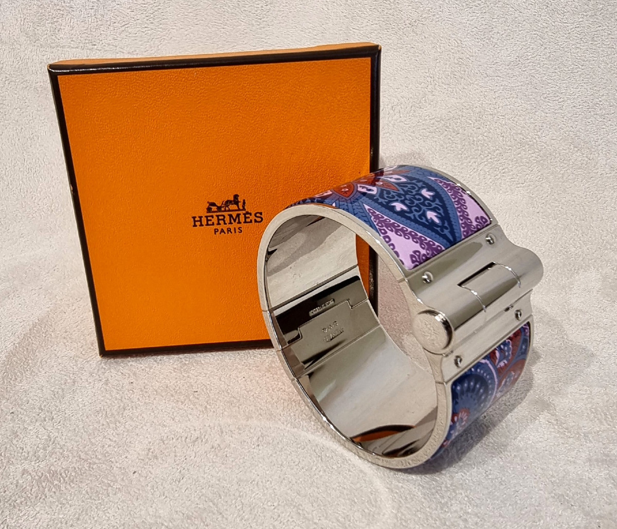 Hermès Bracelet Manchette Modèle Charnière Argent Palladié & émail-photo-2