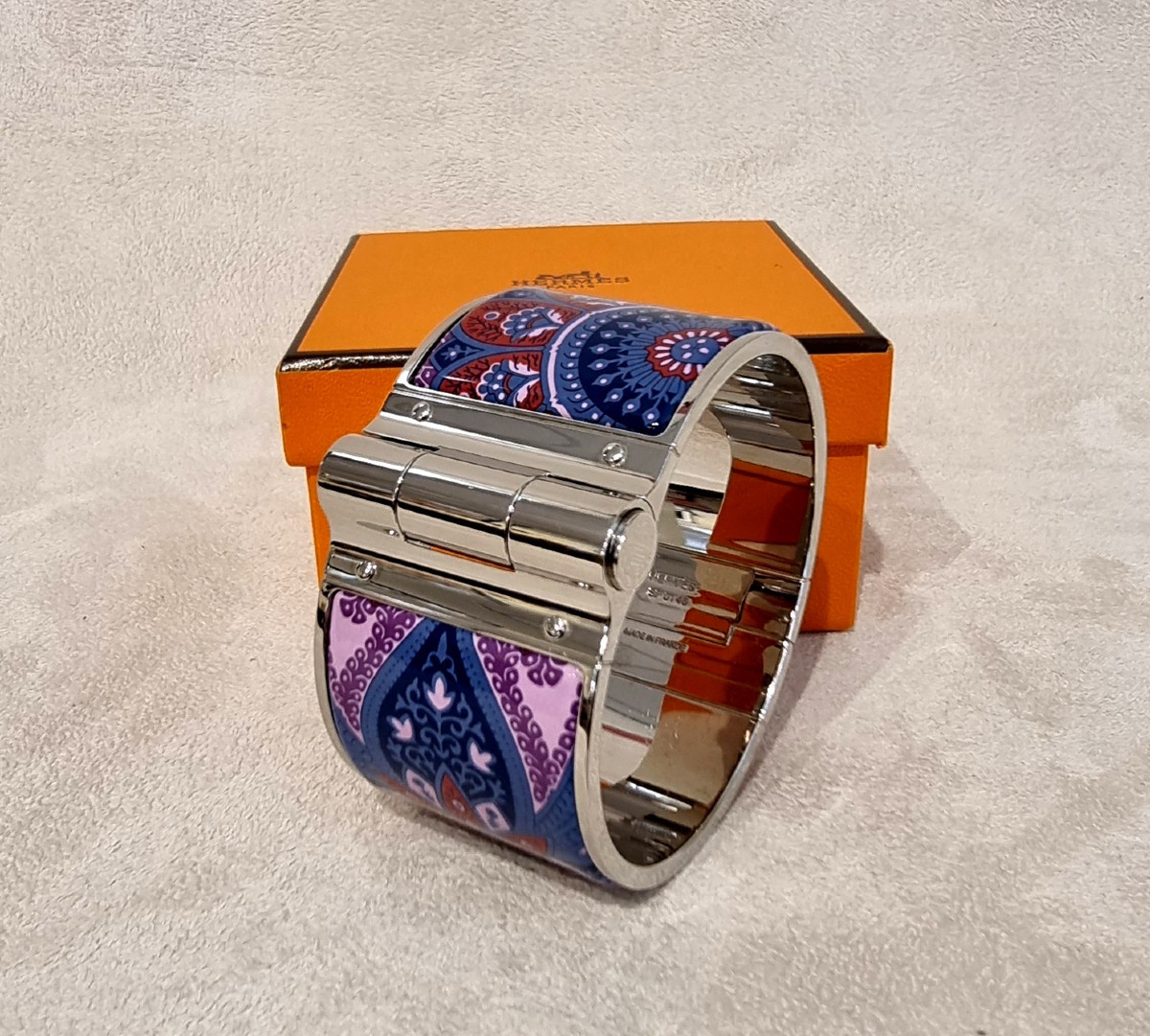 Hermès Bracelet Manchette Modèle Charnière Argent Palladié & émail-photo-4