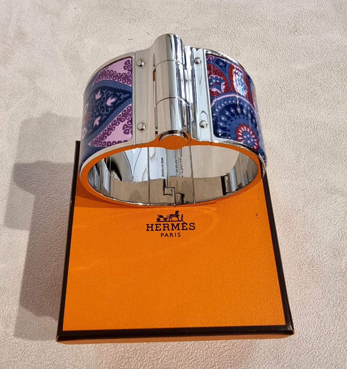 Hermès Bracelet Manchette Modèle Charnière Argent Palladié & émail-photo-1
