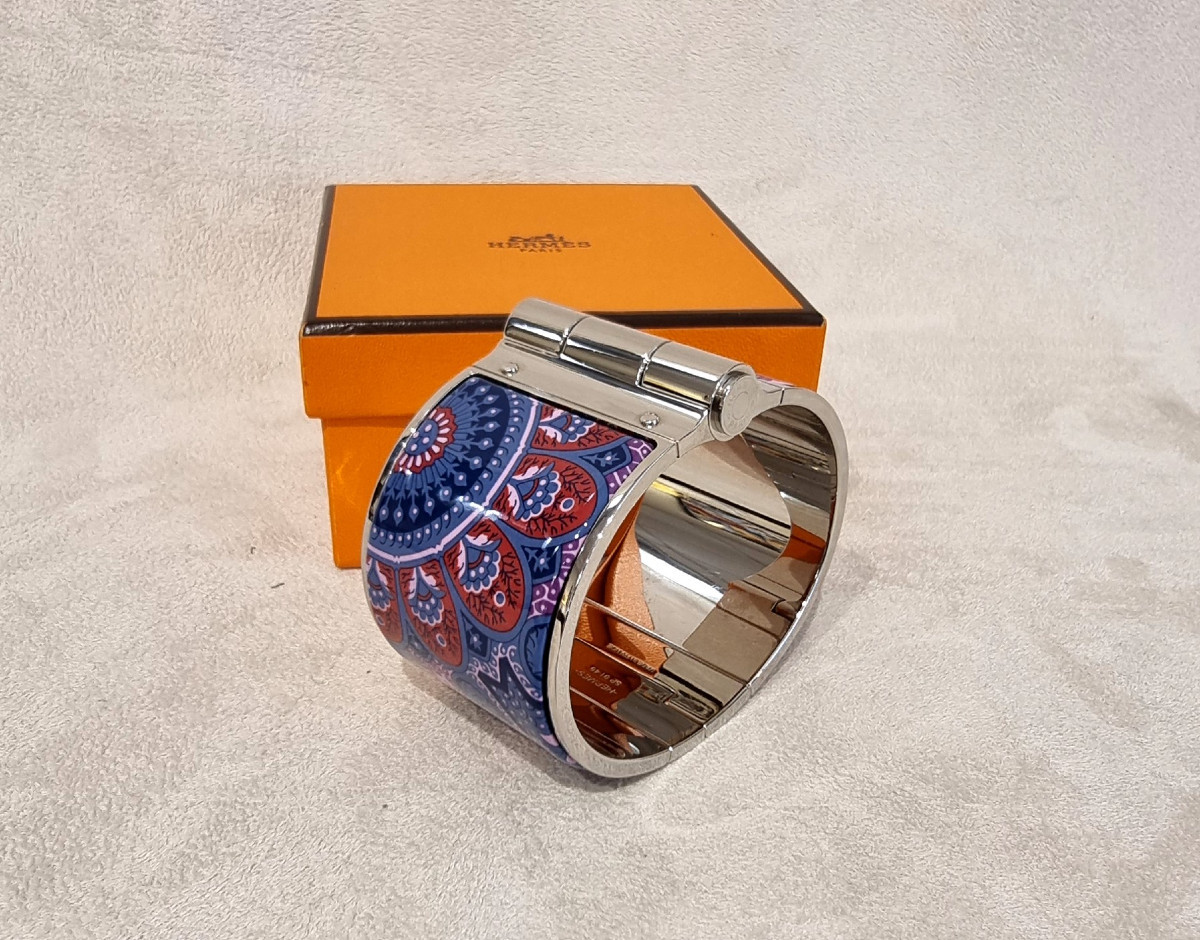 Hermès Bracelet Manchette Modèle Charnière Argent Palladié & émail-photo-4