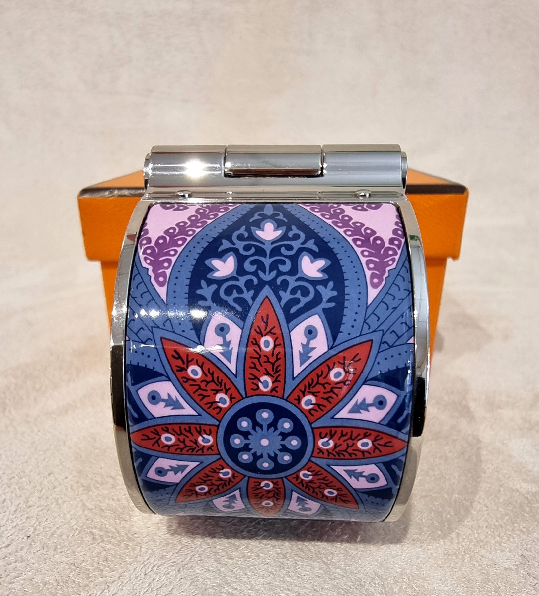 Hermès Bracelet Manchette Modèle Charnière Argent Palladié & émail-photo-5