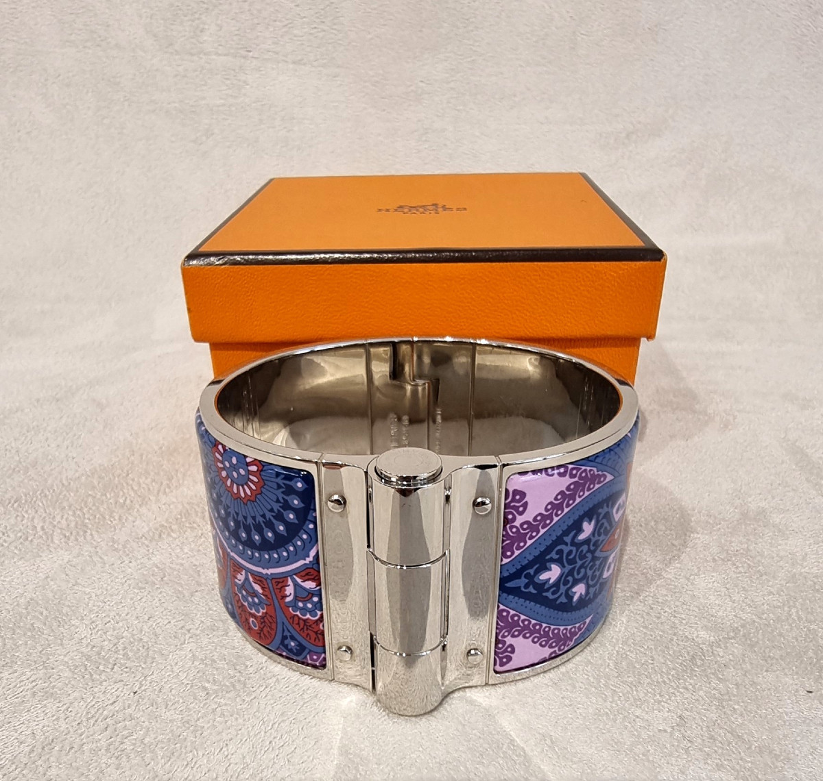 Hermès Bracelet Manchette Modèle Charnière Argent Palladié & émail-photo-6