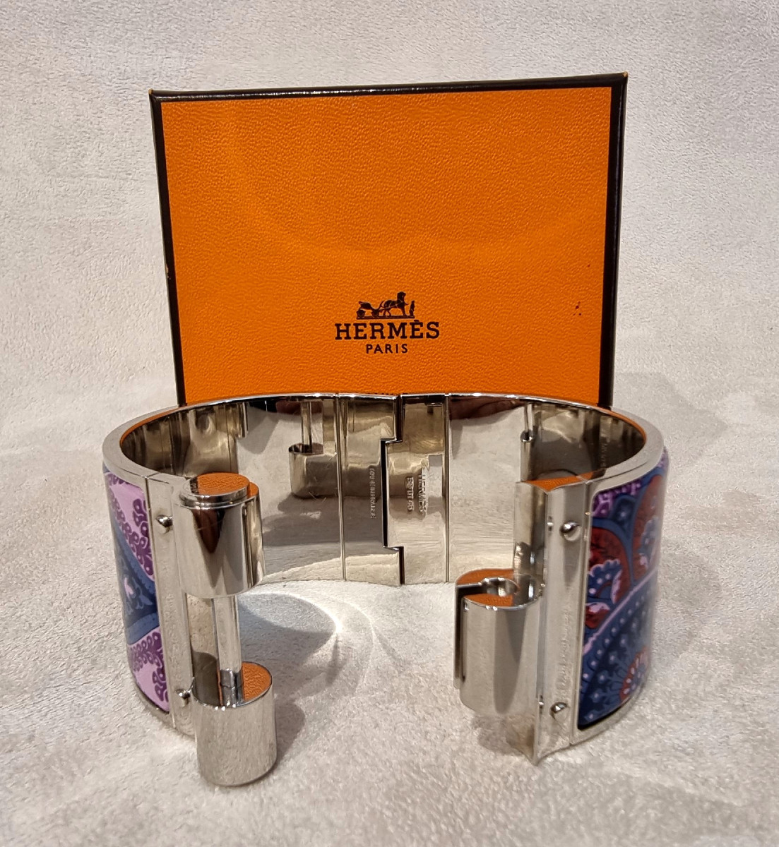 Hermès Bracelet Manchette Modèle Charnière Argent Palladié & émail-photo-8