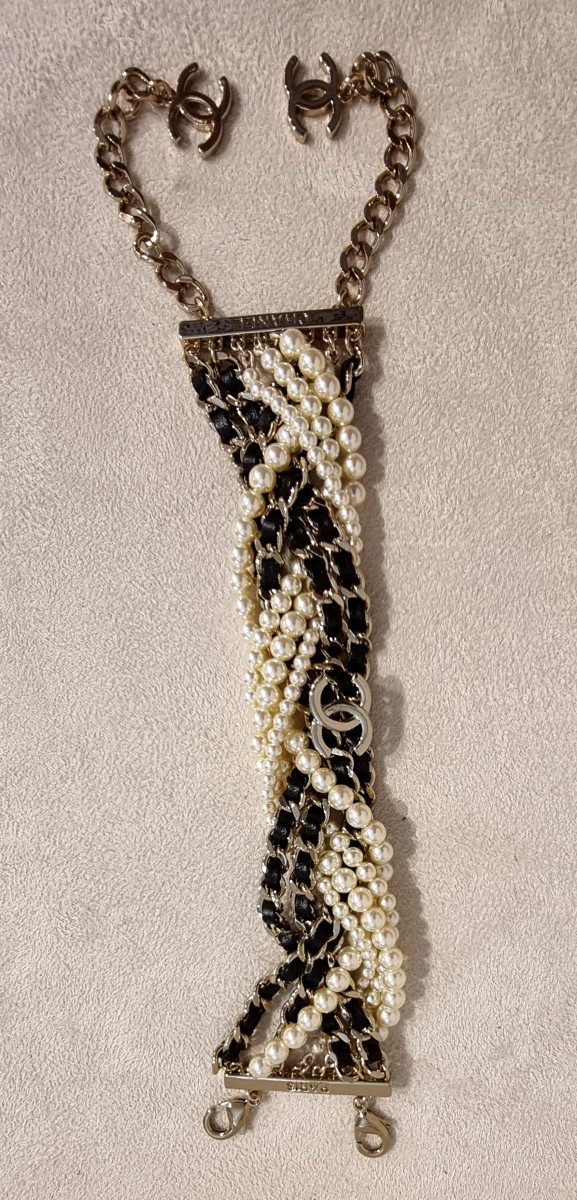 CHANEL BRACELET PERLES DE VERRE Nacrées & Cuir tressé-photo-5