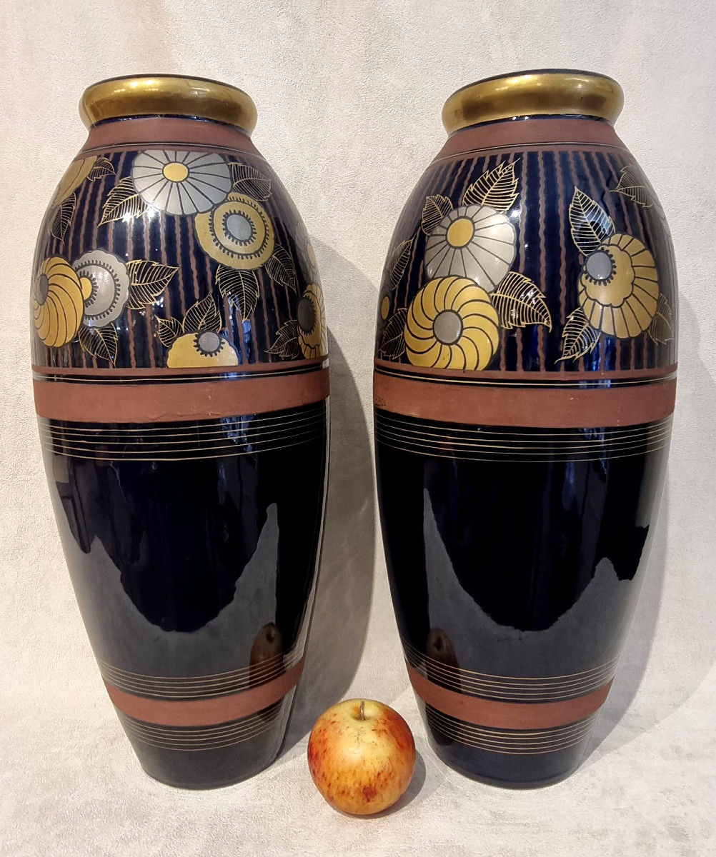 Louis Dage Pair Of Art Deco Polychrome Ceramic Vases 1920-1925-photo-4