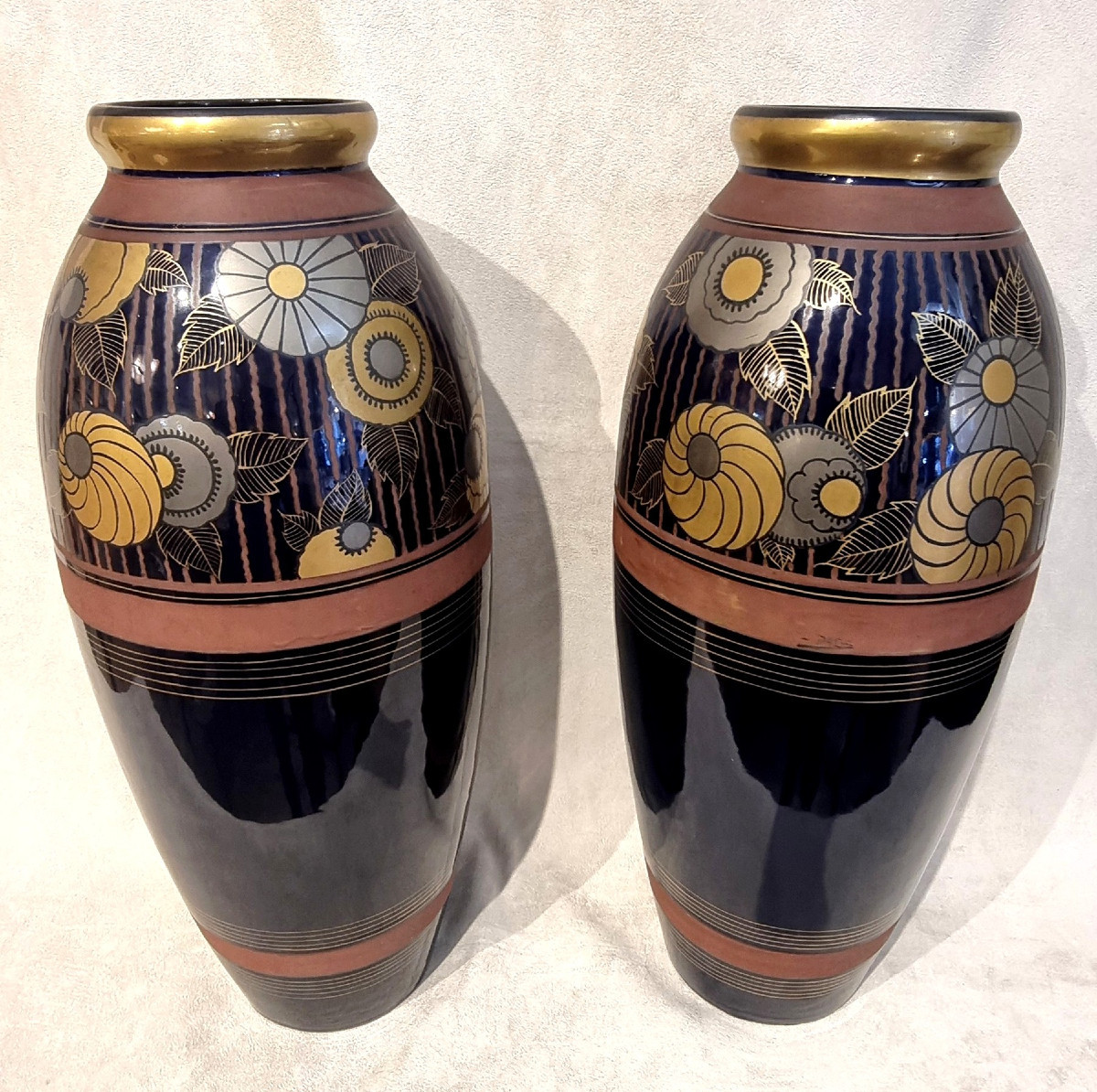 Louis Dage Pair Of Art Deco Polychrome Ceramic Vases 1920-1925-photo-1