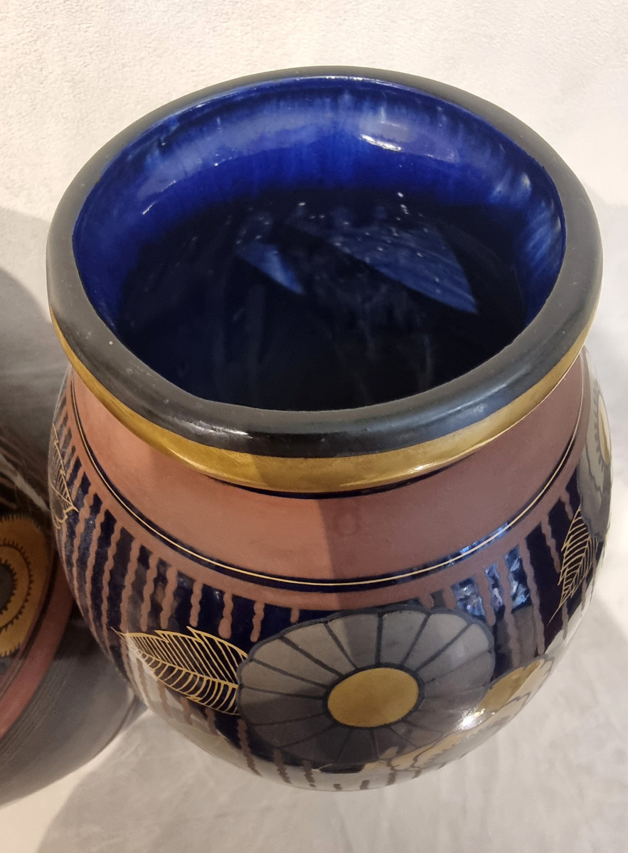 Louis Dage Pair Of Art Deco Polychrome Ceramic Vases 1920-1925-photo-2