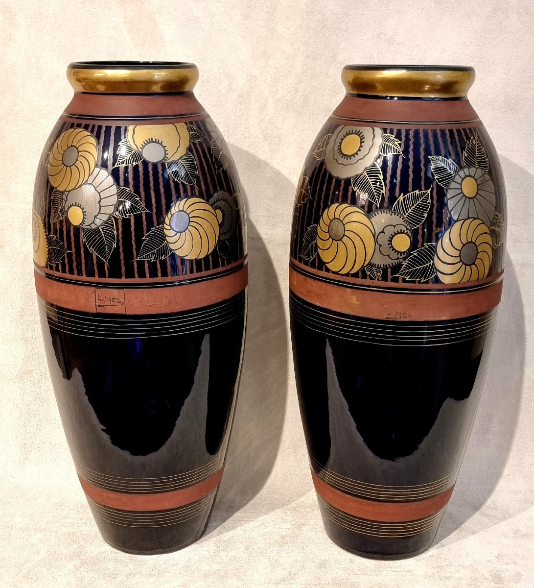 Louis Dage Pair Of Art Deco Polychrome Ceramic Vases 1920-1925-photo-4
