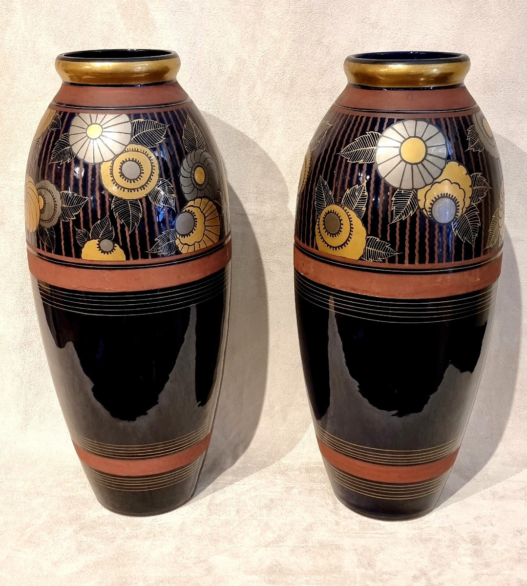Louis Dage Pair Of Art Deco Polychrome Ceramic Vases 1920-1925