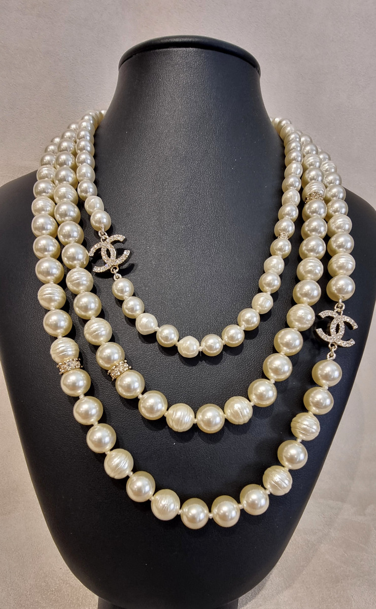 CHANEL COLLIER 3 rangs perles de verre & cristal -photo-4