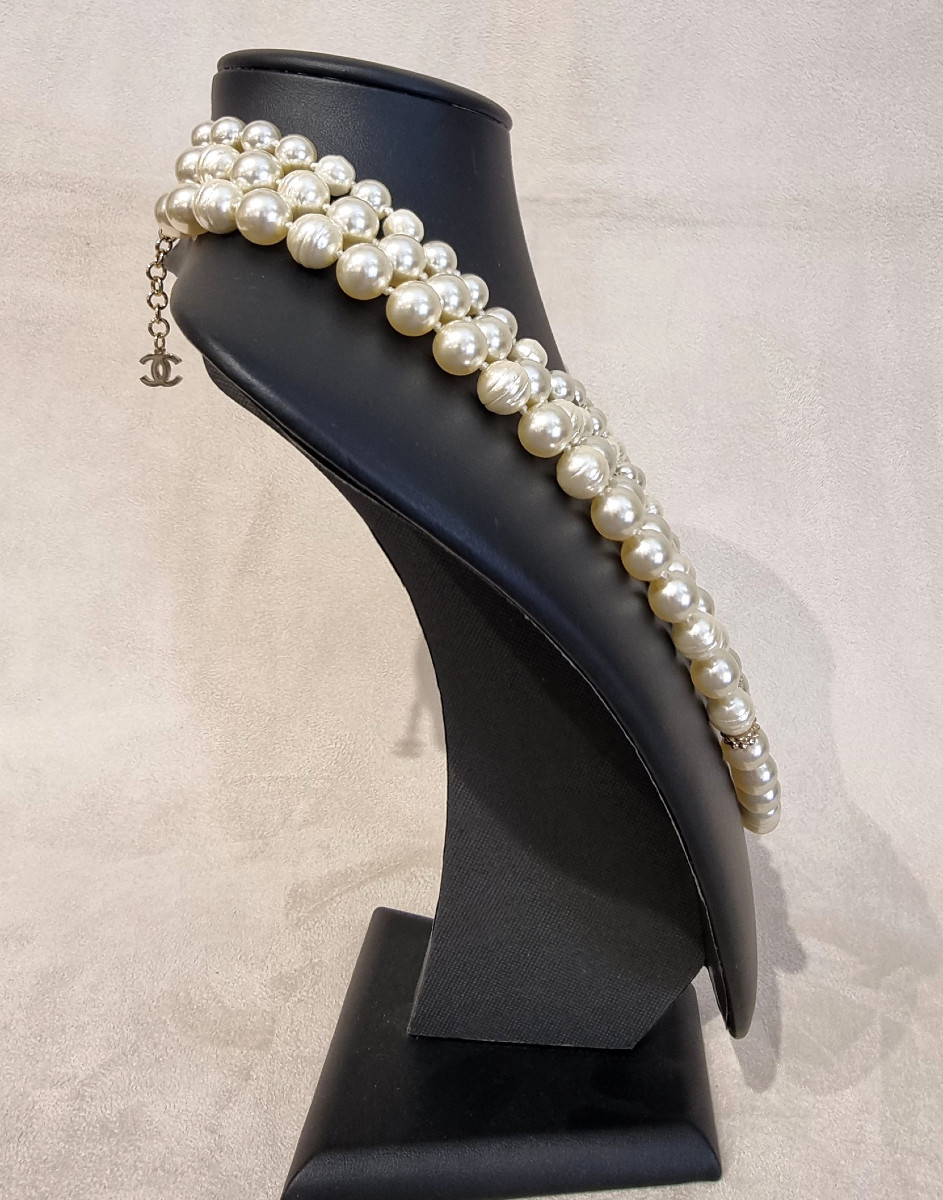 CHANEL COLLIER 3 rangs perles de verre & cristal -photo-2