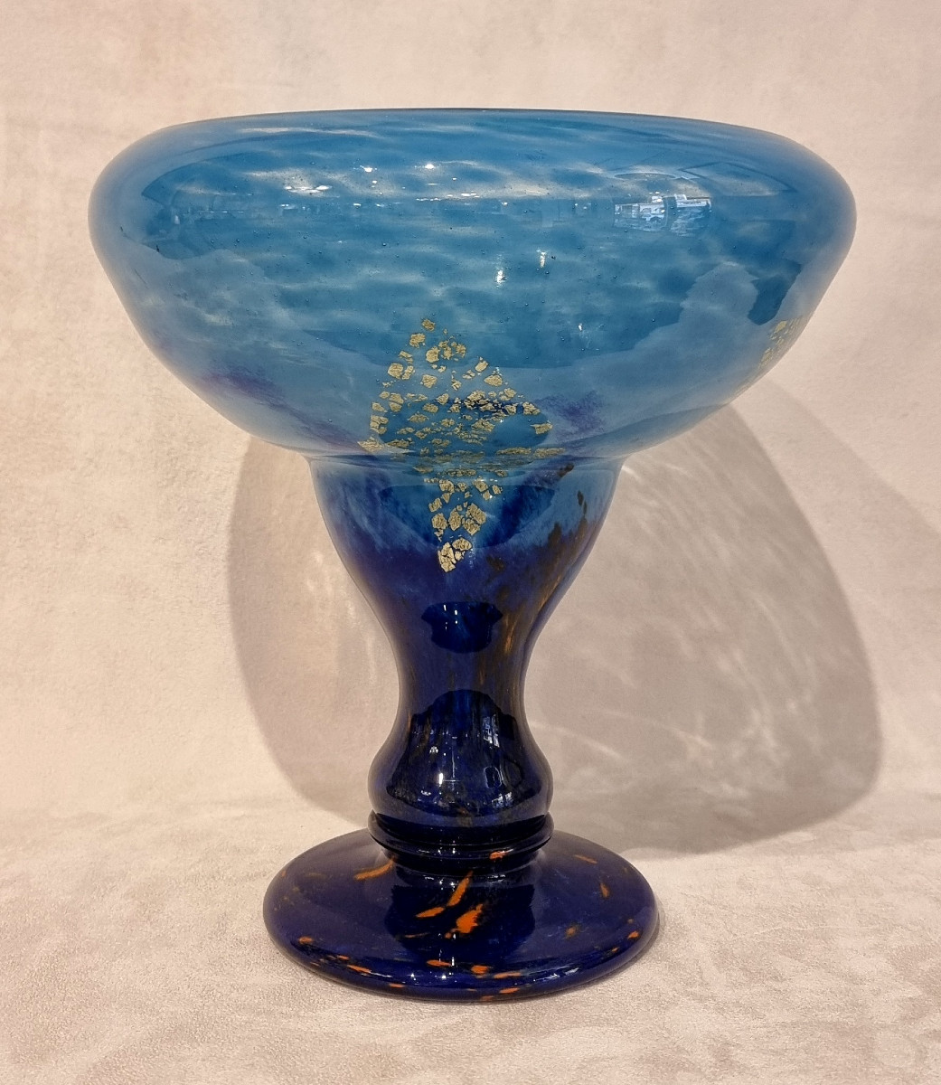 Daum Nancy Coupe Sur Pied Verre Multicouche Bleu Inclusion Or Art Déco 1925-1930-photo-3