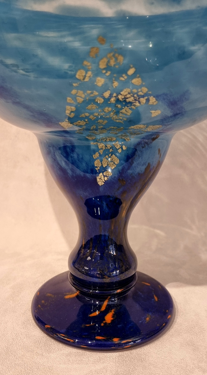 Daum Nancy Coupe Sur Pied Verre Multicouche Bleu Inclusion Or Art Déco 1925-1930-photo-1
