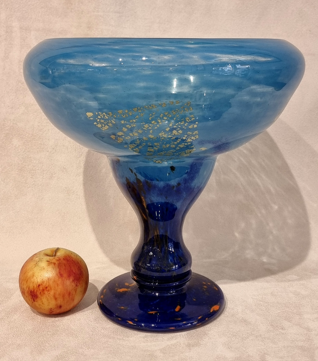 Daum Nancy Coupe Sur Pied Verre Multicouche Bleu Inclusion Or Art Déco 1925-1930-photo-3
