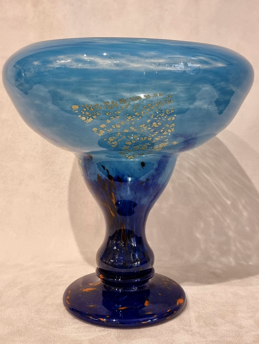 Daum Nancy Coupe Sur Pied Verre Multicouche Bleu Inclusion Or Art Déco 1925-1930-photo-4