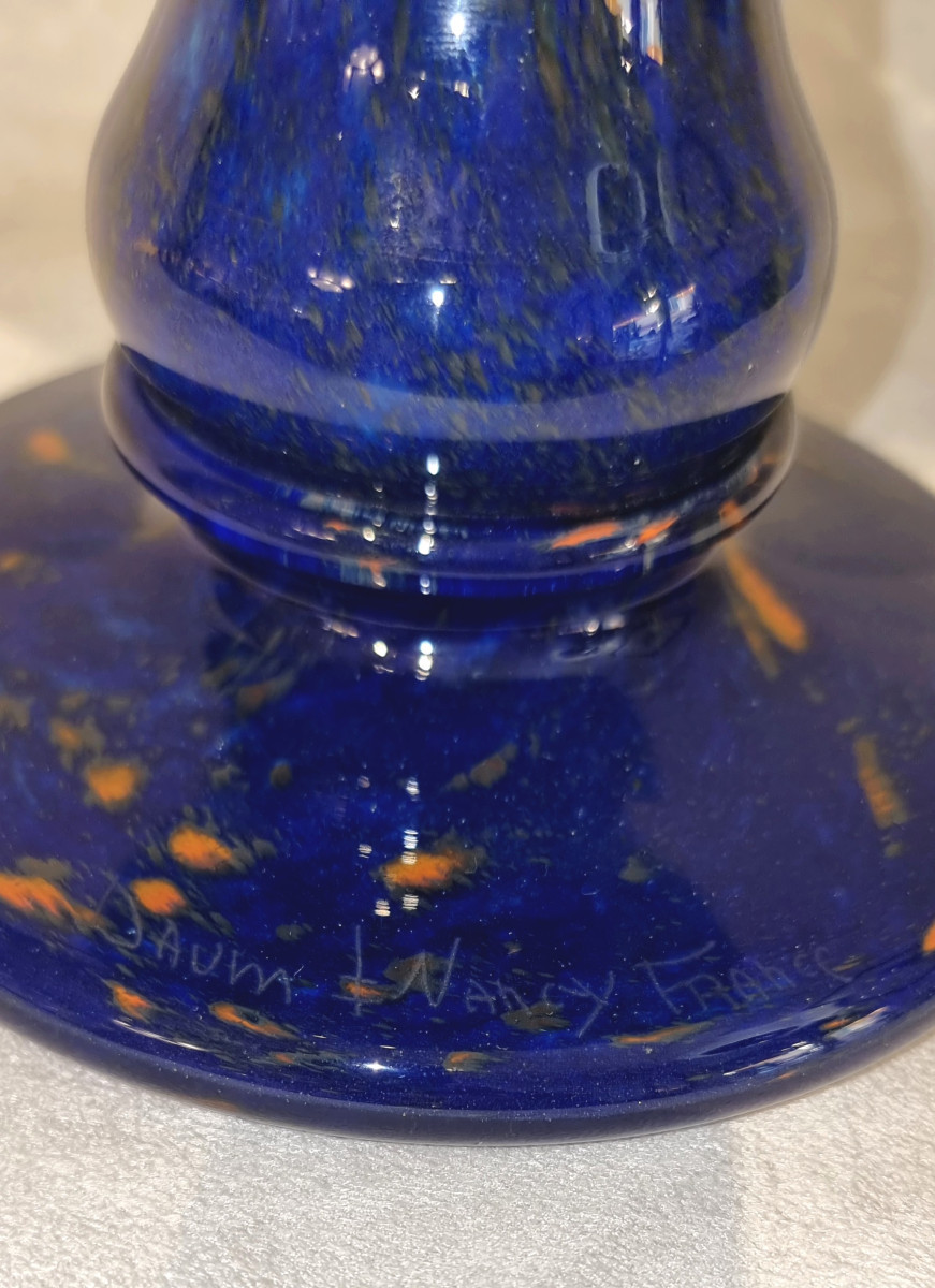 Daum Nancy Coupe Sur Pied Verre Multicouche Bleu Inclusion Or Art Déco 1925-1930-photo-5