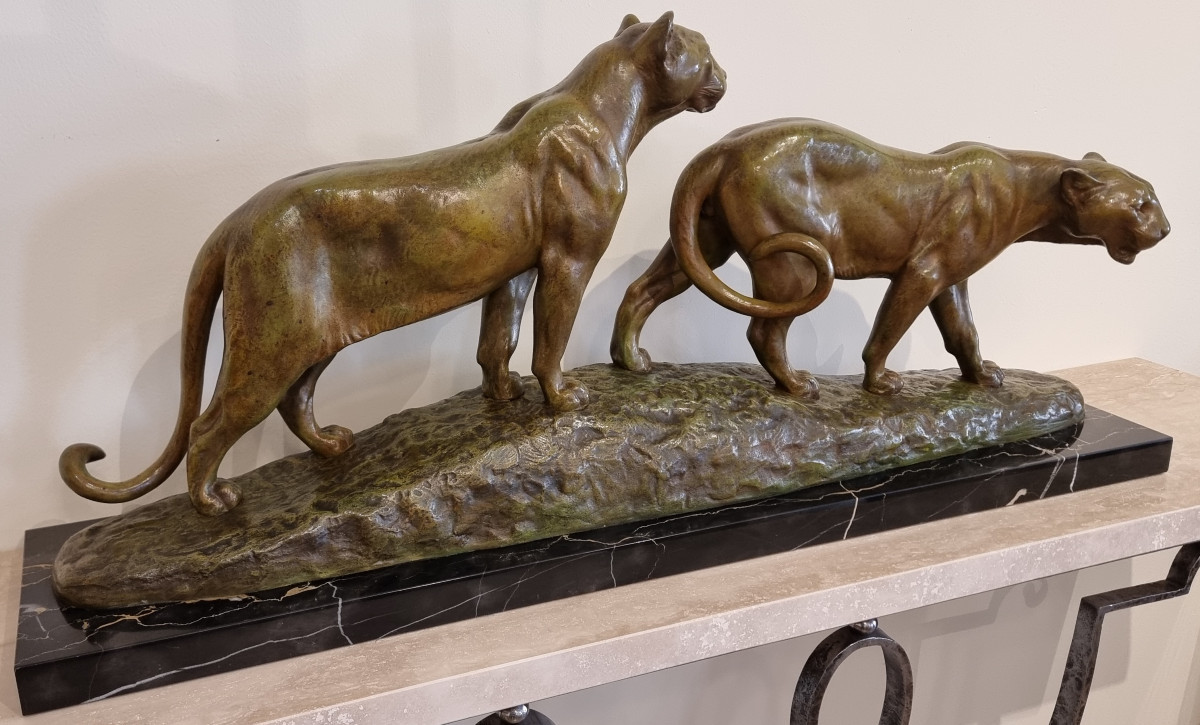 Louis Riché Bronze Sculpture 2 Lionesses Art Deco 1920-1925-photo-2