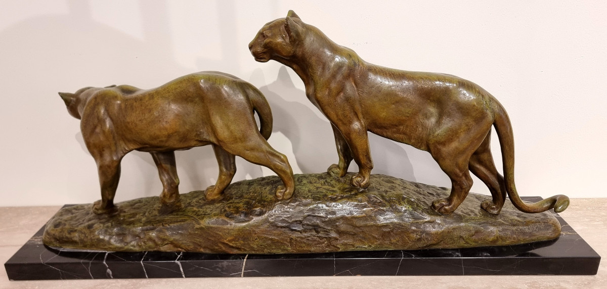 Louis Riché Bronze Sculpture 2 Lionesses Art Deco 1920-1925-photo-3