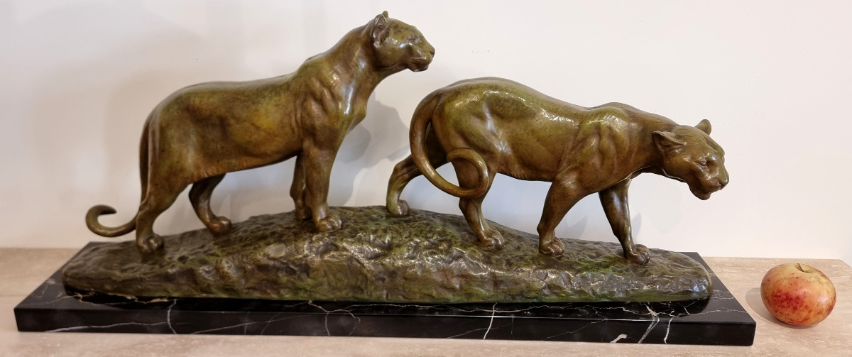 Louis Riché Bronze Sculpture 2 Lionesses Art Deco 1920-1925-photo-4