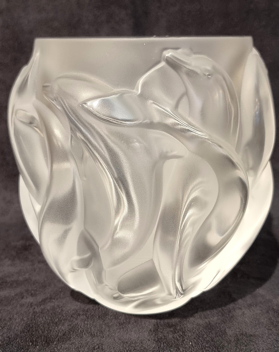 LALIQUE FRANCE Vase Dauphins en cristal  -photo-4
