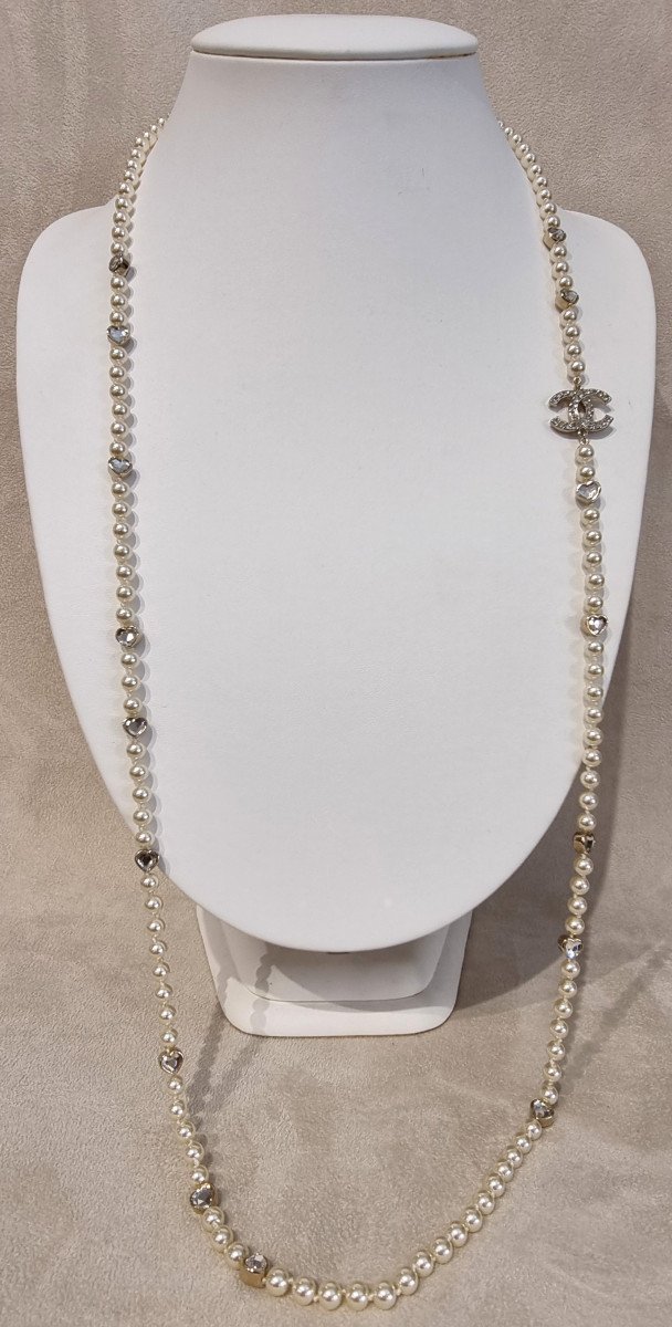 Chanel Long Necklace With Pearls & Crystal Heart -photo-2
