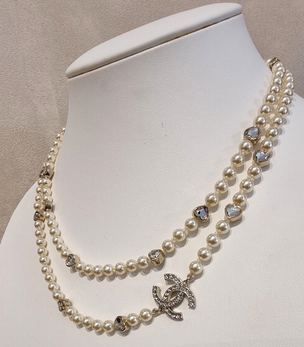 Chanel Long Necklace With Pearls & Crystal Heart -photo-4
