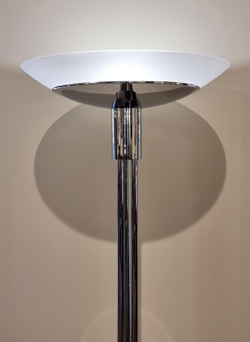 Perzel Lampadaire Modèle N°44 en bronze chromé et vasque en verre optique sablé Design 1970-photo-2