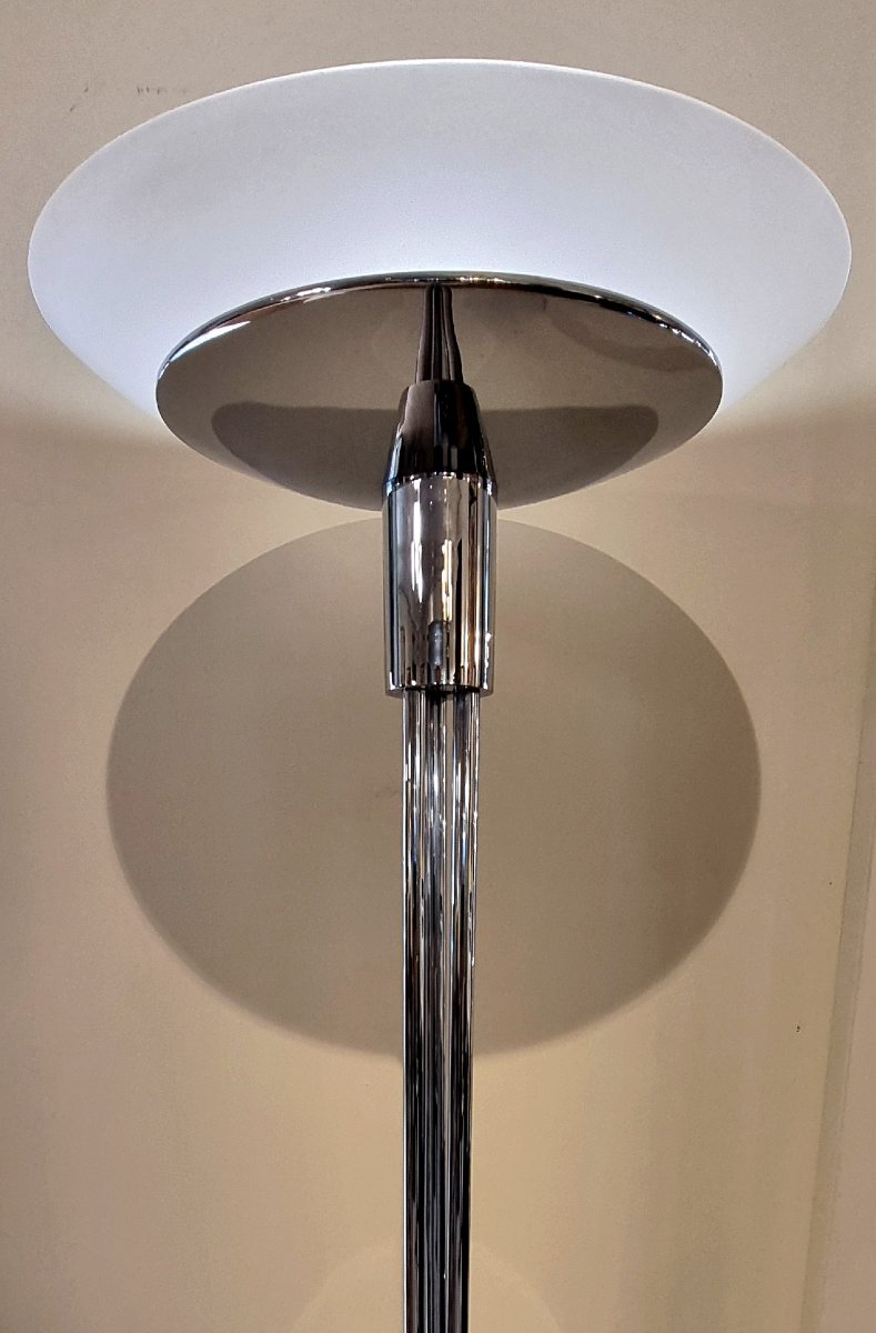 Perzel Lampadaire Modèle N°44 en bronze chromé et vasque en verre optique sablé Design 1970-photo-3