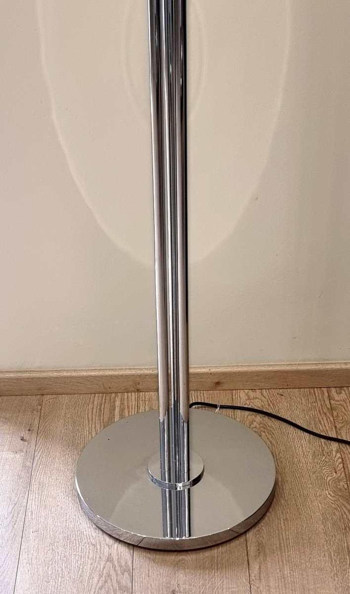 Perzel Lampadaire Modèle N°44 en bronze chromé et vasque en verre optique sablé Design 1970-photo-2