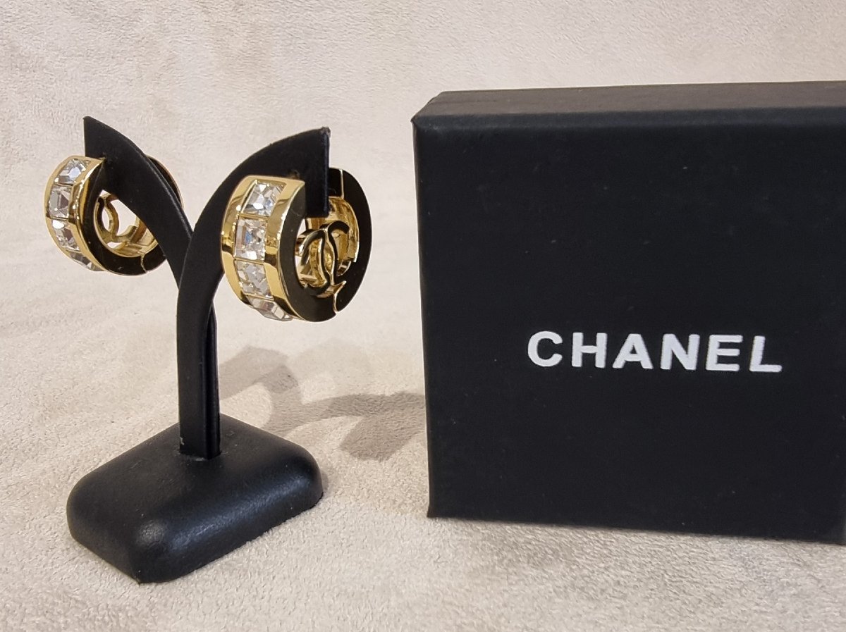 Chanel Pair Of Gold-plated Metal Hoop Earrings With Crystals