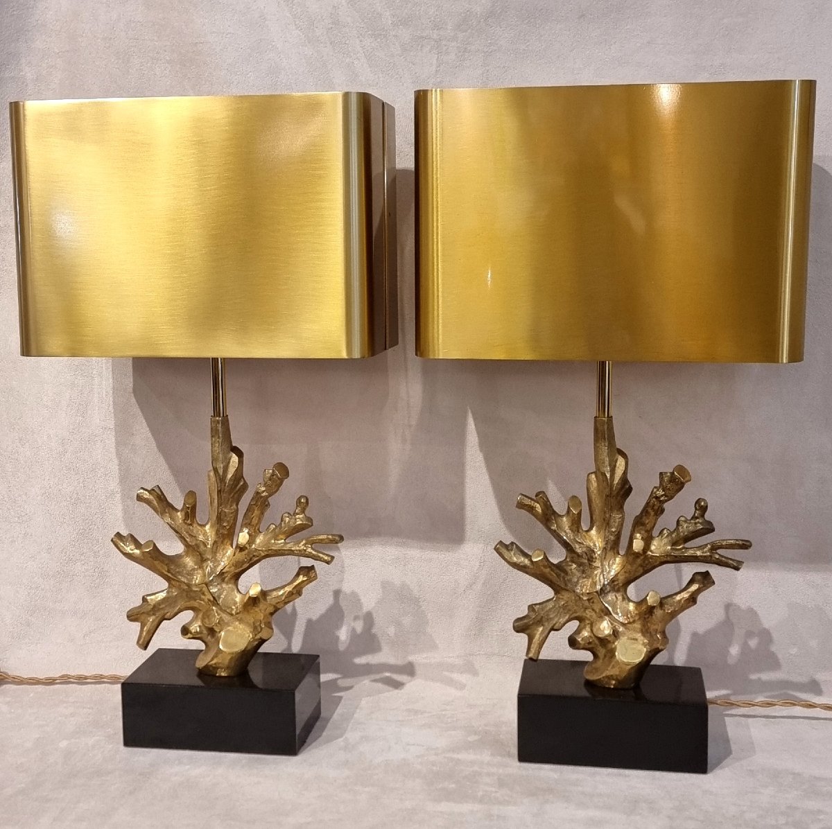 MAISON CHARLES PAIRE DE LAMPES CORAIL Bronze Doré DESIGN 1970-photo-2