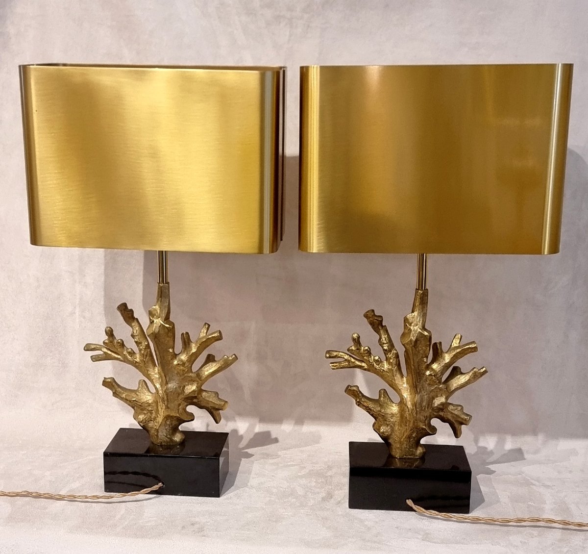 MAISON CHARLES PAIRE DE LAMPES CORAIL Bronze Doré DESIGN 1970-photo-4