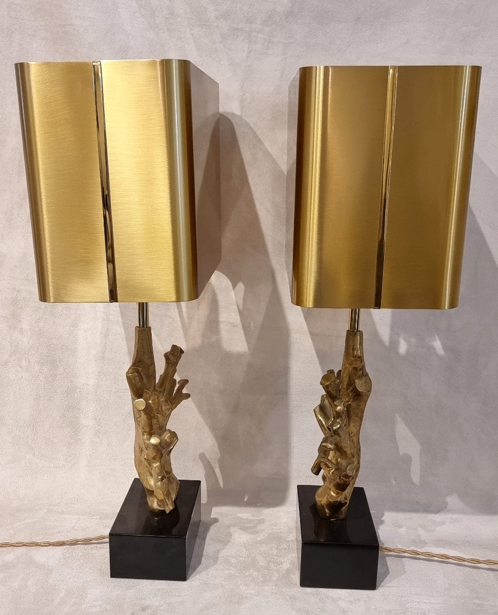 MAISON CHARLES PAIRE DE LAMPES CORAIL Bronze Doré DESIGN 1970-photo-1