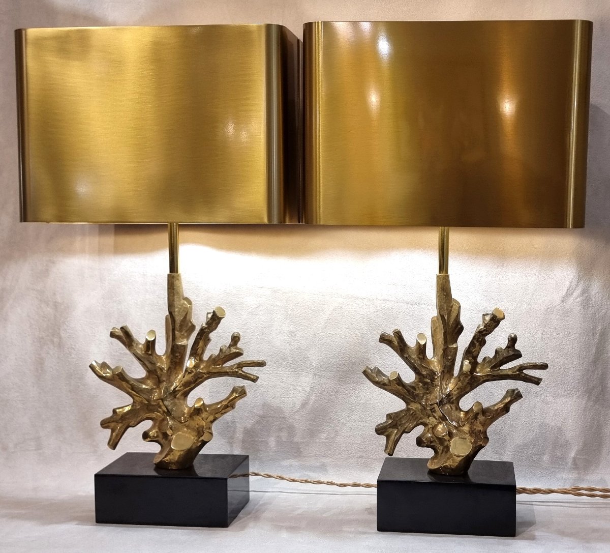 MAISON CHARLES PAIRE DE LAMPES CORAIL Bronze Doré DESIGN 1970