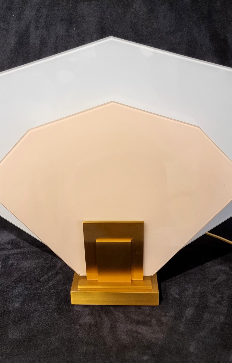 Perzel Lamp Model No. 160fl In Gilded Bronze & Two-tone Enameled Glass Panels, 1970 Design -photo-4