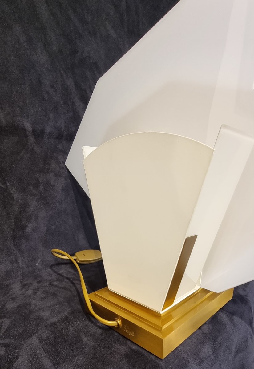 Perzel Lamp Model No. 160fl In Gilded Bronze & Two-tone Enameled Glass Panels, 1970 Design -photo-6