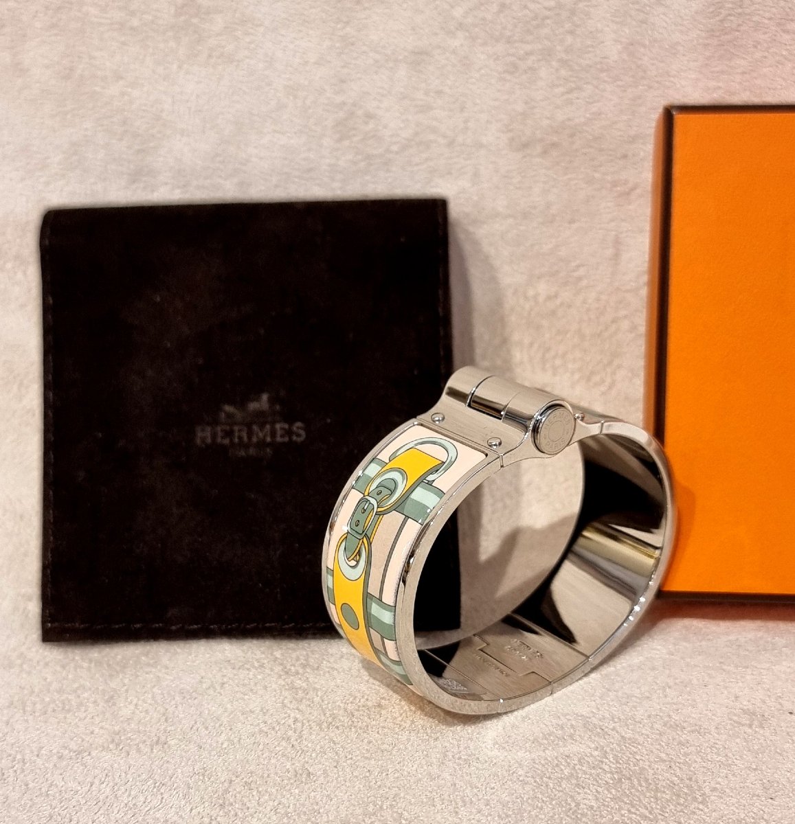 Hermès Bracelet Articulé Charnière en argent Palladié et émail modèle collier de chien candeur -photo-4