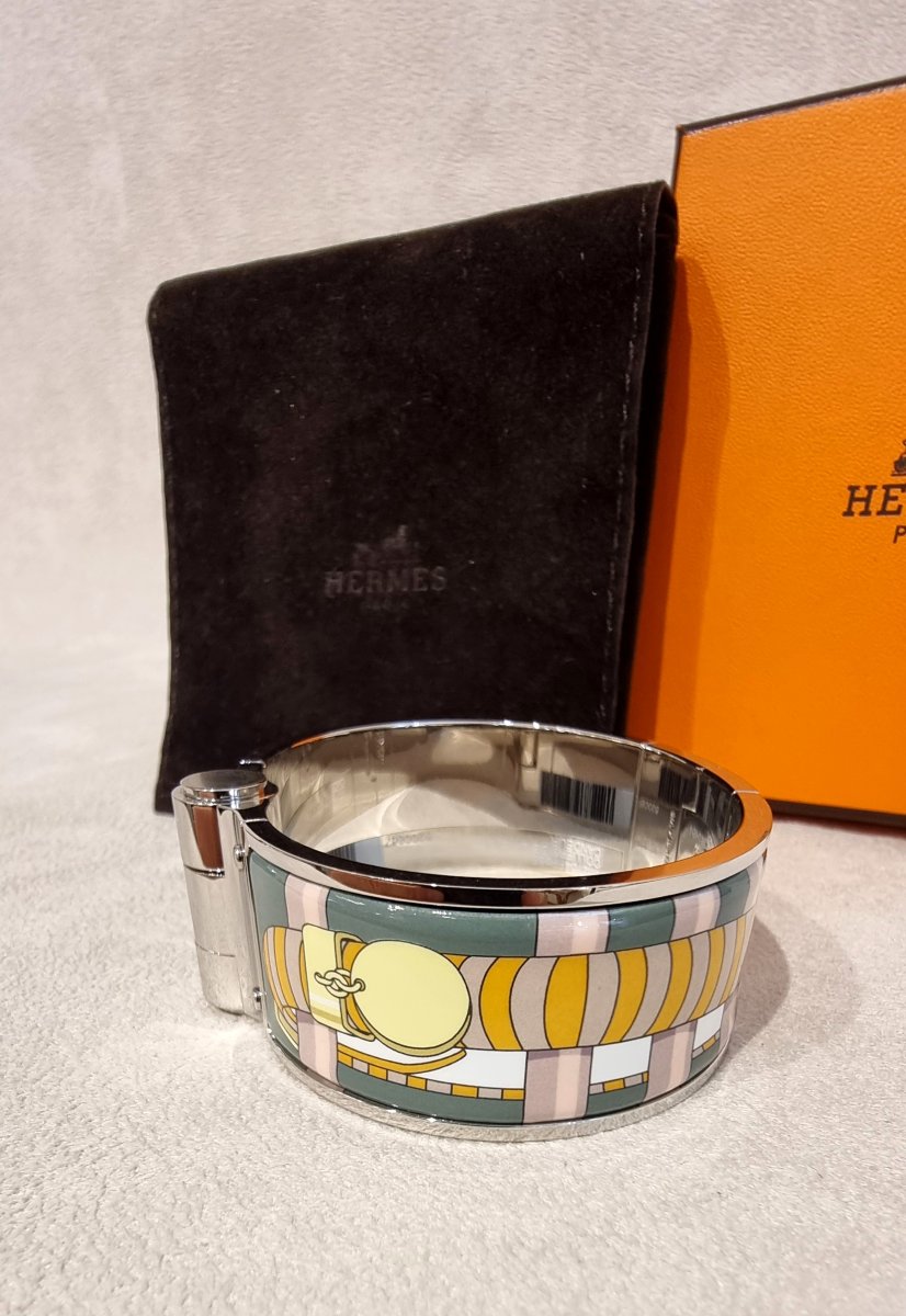 Hermès Bracelet Articulé Charnière en argent Palladié et émail modèle collier de chien candeur -photo-2