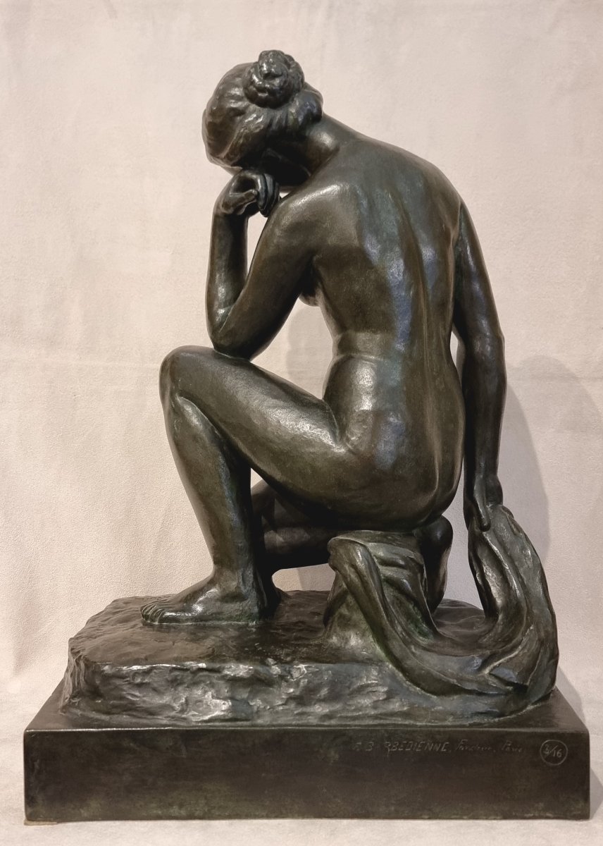 Alfred Jean Halou  Bronze Sculpture: Crouching Nymph, Art Deco, 1931 -photo-2